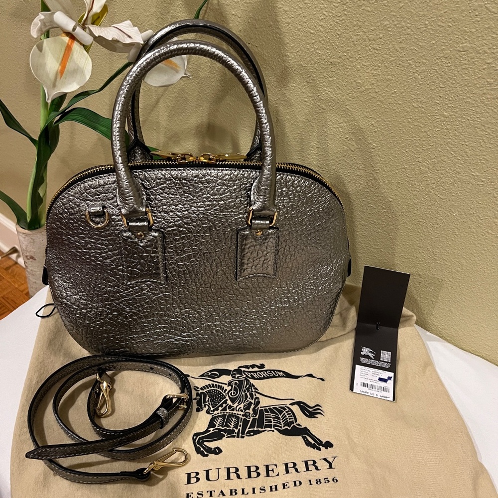 BURBERRY Heritage Grain Small Orchard Bowling Handbag Silver EUC - Picture 5 of 16